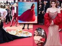 Urvashi Rautela stuns in red strapless shimmery gown; carries lip shaped mini clutch at Cannes
