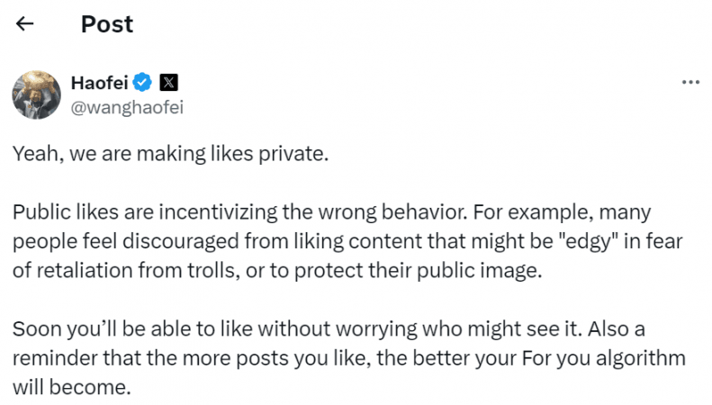 Wang Official Confirmation on X likes going private