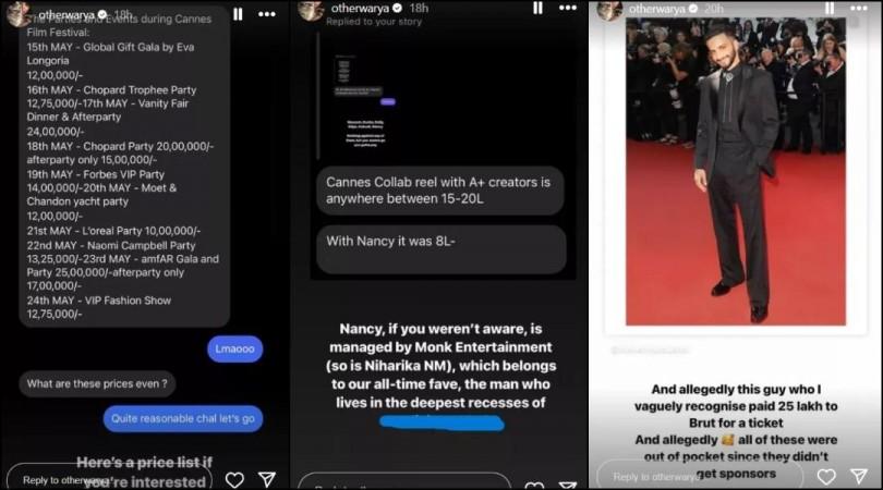 In one of her Instagram stories, Aishwarya shared a revelation from a follower who claimed that Nancy Tyagi, managed by Monk Entertainment (an agency by popular YouTuber Ranveer Allahbadia), shelled out around Rs. 8 lakh to attend the film festival.