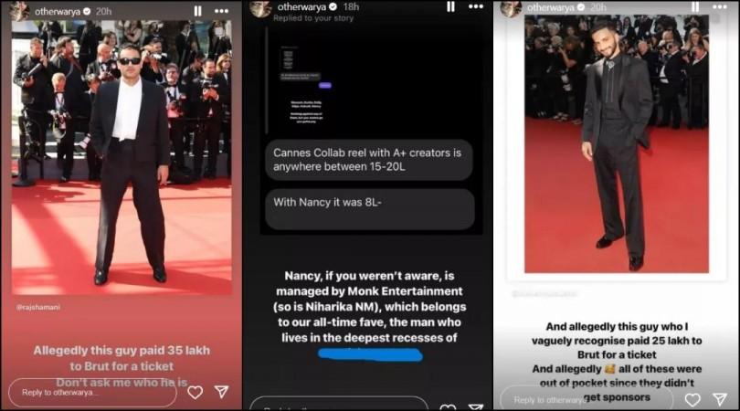 In one of her Instagram stories, Aishwarya shared a revelation from a follower who claimed that Nancy Tyagi, managed by Monk Entertainment (an agency by popular YouTuber Ranveer Allahbadia), shelled out around Rs. 8 lakh to attend the film festival.