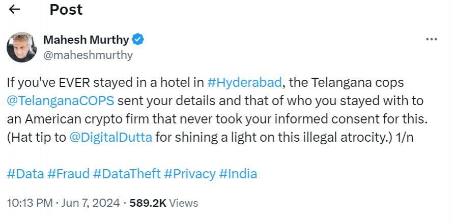 Screenshot of X user indicating misuse personal data Personal Data Breach Hyderabad