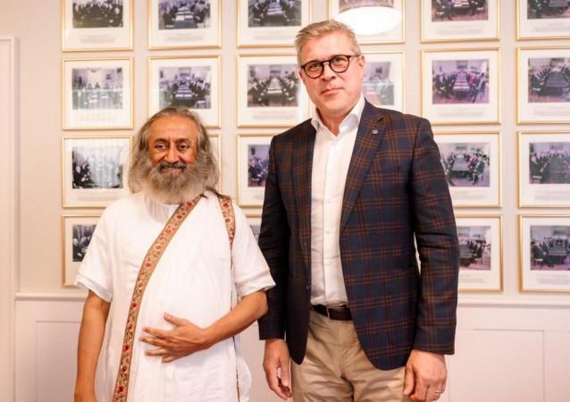Art of Living founder Gurudev Sri Sri Ravi Shankar poses with Iceland's Prime Minister Bjarni Benediktsson in Reykjavik on June 24, 2024. Art of Living founder Gurudev Sri Sri Ravi Shankar was received by Iceland's Prime Minister Bjarni Benediktsson in Reykjavik
