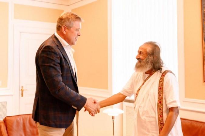 Art of Living founder Gurudev Sri Sri Ravi Shankar received by Iceland's Prime Minister Bjarni Benediktsson in Reykjavik on June 24, 2024. Art of Living founder Gurudev Sri Sri Ravi Shankar poses with Iceland's Prime Minister Bjarni Benediktsson in Reykjavik on June 24, 2024.