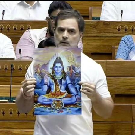 Screen grab from Sansad TV when Leader of Opposition Rahul Gandhi was holding Lord Shiva's image in Lok Sabha on Monday, July 2, 2024. Rahul Gandhi