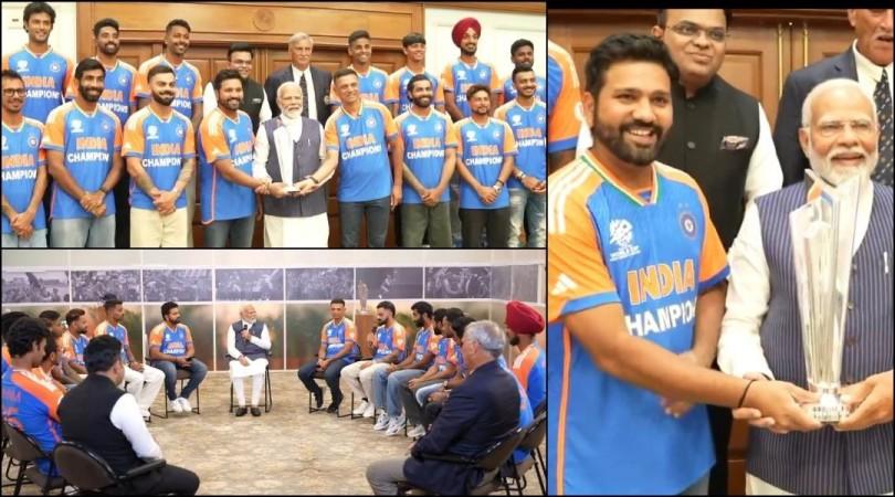 PM Narendra Modi beams with joy as he holds WC trophy with captain Rohit Sharma; poses with team India at his residence [Pics]