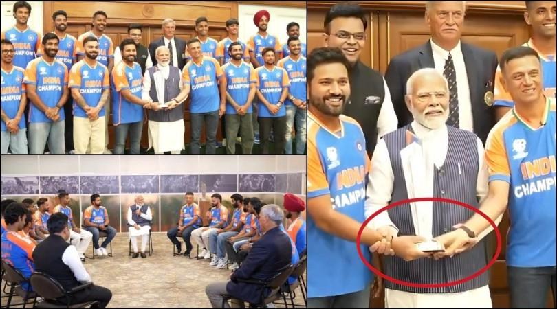 PM Narendra Modi didn't hold the World Cup trophy, instead held Rohit and David's hands PM Narendra Modi didn't hold the World Cup trophy, instead held Rohit and David's hands