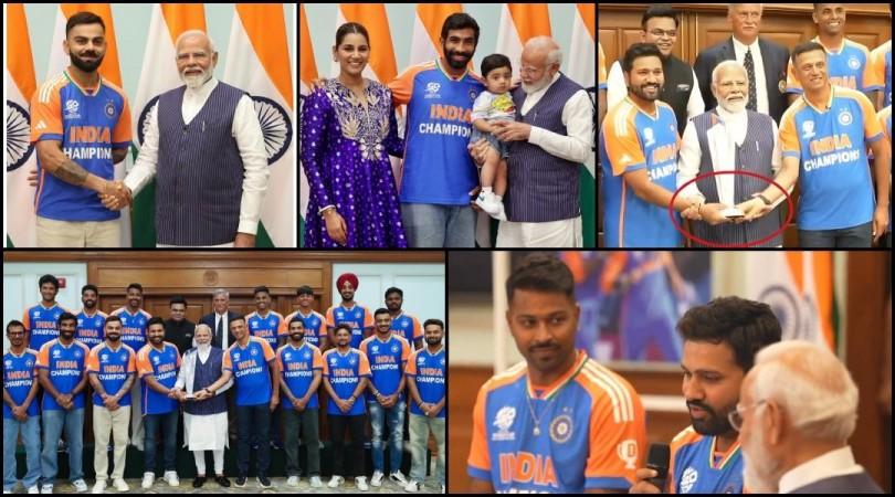 PM Narendra Modi held Rohit Sharma, Rahul Dravid's hands instead of World Cup trophy; posed with team India at his residence