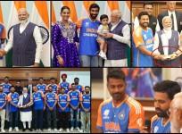 PM Narendra Modi held Rohit Sharma, Rahul Dravid's hands instead of World Cup trophy; posed with team India at his residence