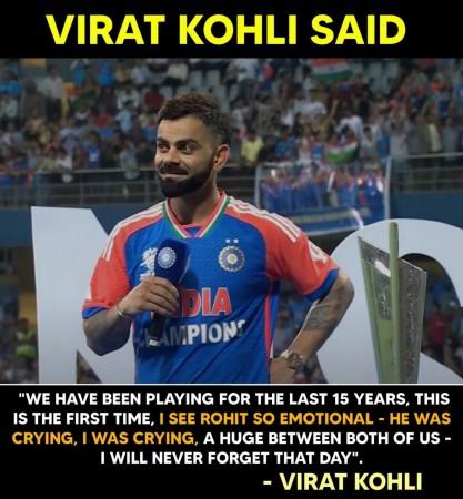 'I was crying, Rohit was crying, we hugged': Emotional Virat Kohli talks about winning moment at Wankhede after victory parade 'I was crying, Rohit was crying, we hugged': Emotional Virat Kohli talks about winning moment at Wankhede after victory parade