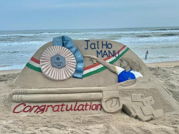Noted sand artist congratulates shooter Manu Bhaker with sand sculpture Noted sand artist congratulates shooter Manu Bhaker with sand sculpture