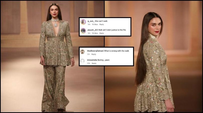 'Worse walk, looks uncomfortable': Aditi Rao Hydari wears deep neck golden sharara set as she walks the ramp at ICW [Reactions]