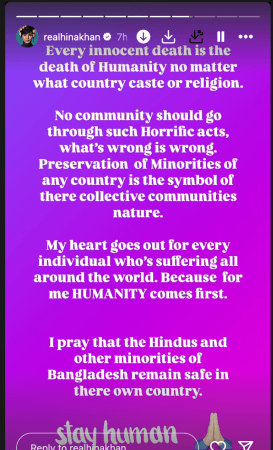 All Eyes On Bangladeshi Hindus: Hina Khan, Adil Hussain, Sonam Kapoor, Preity Zinta; celebs condemn atrocities against Hindus in Bangladesh All Eyes On Bangladeshi Hindus: Hina Khan, Adil Hussain, Sonam Kapoor, Preity Zinta; celebs condemn atrocities against Hindus in Bangladesh
