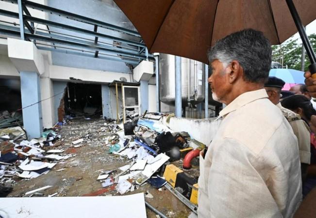 Andhra Pradesh Chief Minister N. Chandrababu Naidu inspects the pharma industry where a fire broke out in Anakapalli Andhra Pradesh Chief Minister N. Chandrababu Naidu inspects the pharma industry where a fire broke out on August 21 in Anakapalli