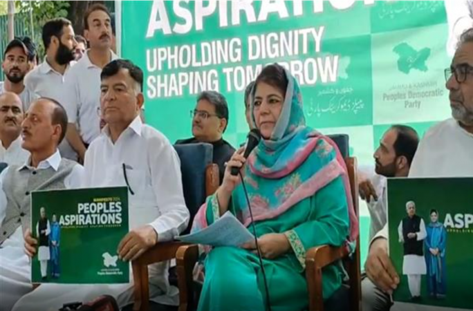 PDP president Mehbooba Mufti releasing election manifesto of her party Srinagar on Saturday Mebooba Mufti