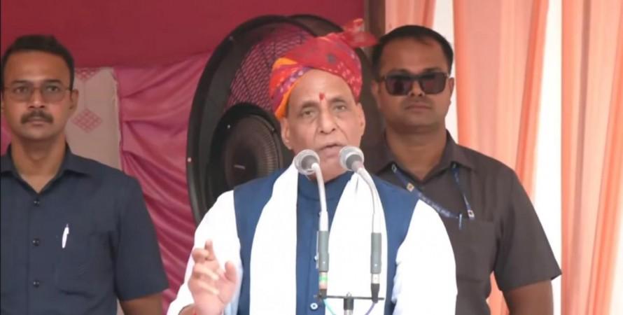 Defence Minister Rajnath Singh addressing an election rally in Ramban town of J&K Defence Minister Rajnath Singh