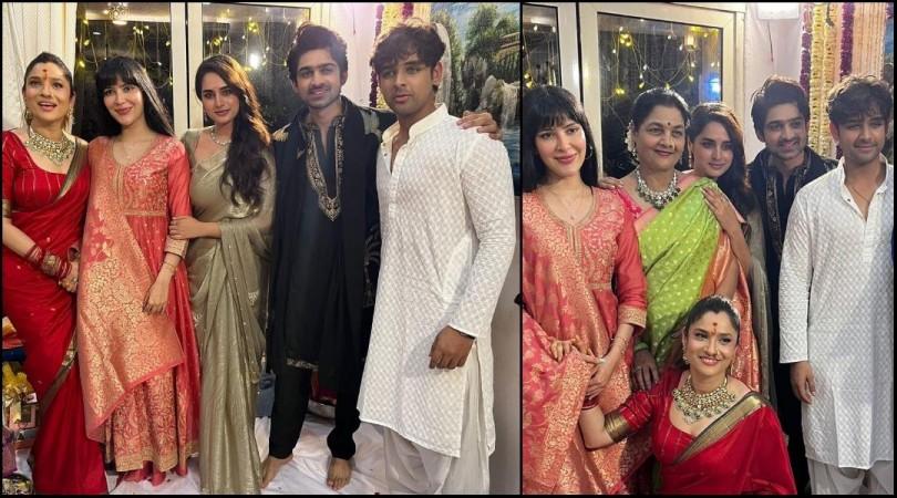 Abhishek Kumar, Khanzaadi touch Ankita's mother's feet; Ayesha Khan, Samarth Jurel pose with Ankita Lokhande during Ganesh puja