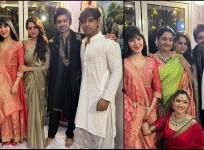 Abhishek Kumar, Khanzaadi touch Ankita's mother's feet; Ayesha Khan, Samarth Jurel pose with Ankita Lokhande during Ganesh puja