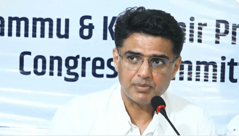 Congress leader addressing media persons at Jammu after bumper voting in first phase of Assembly polls in J&K Sachin Pilot