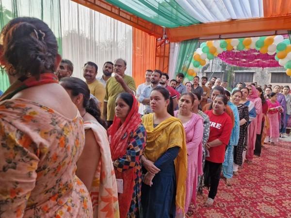 Voters in Reasi lined up to cast their vote at polling. second phase of polling