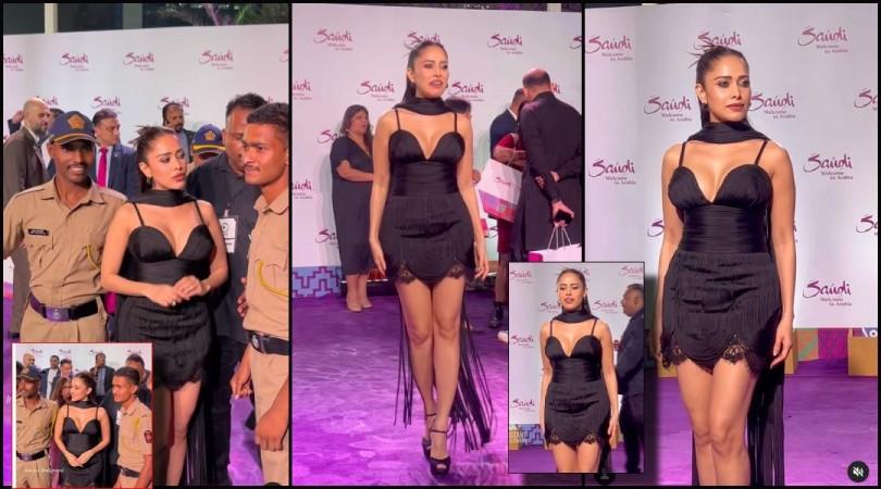 'Vulgar, awful outfit': Nushrratt Bharuccha wears plunging neckline mini black dress with dupatta, poses with policemen at event; trolled