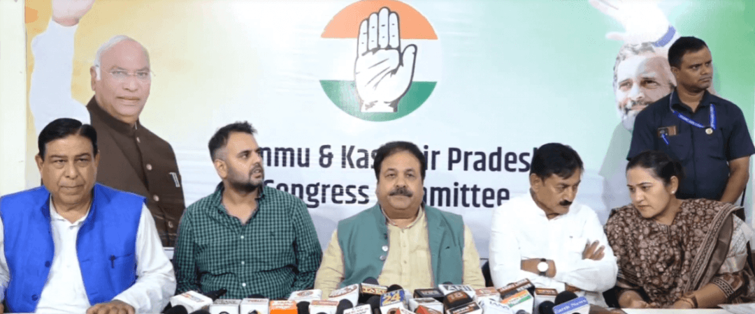 Congress leader Rajeev Shukla addressing media persons at Jammu Rajeev Shukla