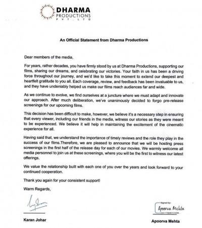 'This decision has been difficult': Amid Saregama acquisition reports, Karan Johar stops pre-release screenings of Dharma's upcoming films 'This decision has been difficult': Amid Saregama acquisition reports, Karan Johar stops pre-release screenings of Dharma's upcoming films
