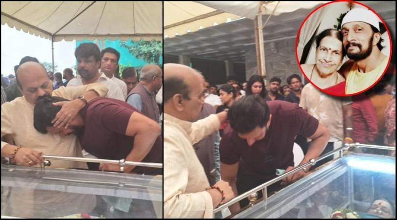 Kichcha Sudeep cries inconsolably hugging former Karnataka CM Basavaraj Bommai at mom Saroja Sanjeev's funeral [Pics]