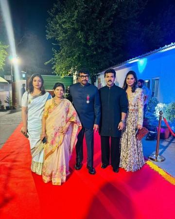 Chiranjeevi with his wife, Surekha, daughter Surekha, son Ram Charan and daughter-in-law Upasana Kamineni Konidela at the Padma Vibhusan event earlier this year. Chiranjeevi
