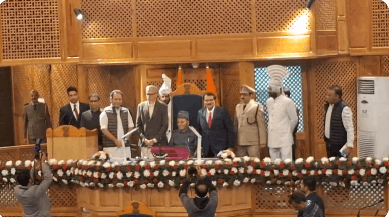 Chief Minister Omar Abdullah along with Leader of Opposition Sunil Sharma congratulating newly elected Speaker of J&K Assembly Abdul Rahim Rather Abdul Rahim Rather