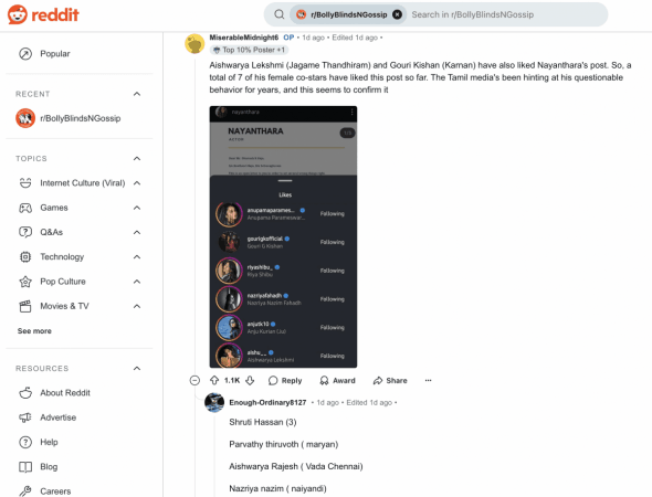 Another screenshot on the viral Reddit thread shows the actresses who have reacted to Nayanthara's post. Nayanthara-Dhanush