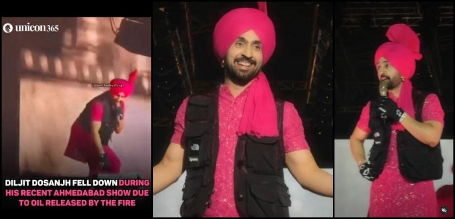 Diljit Dosanjh slips and falls on stage during Ahmedabad show due to an oil release by fire; handles the situation like a pro [Watch]