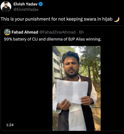 'Punishment for not Keeping Swara Bhasker in Hijab': Elvish Yadav comments on actor's attire as Fahad Ahmad lost Anushakti Nagar election results 'Punishment for not Keeping Swara Bhasker in Hijab': Elvish Yadav comments on actor's attire as Fahad Ahmad lost Anushakti Nagar election results