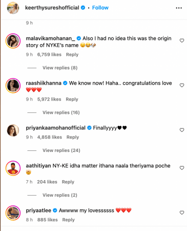 Celebrities could not help but pour out their love for the couple on Keerthy's Instagram comment section. keerthy