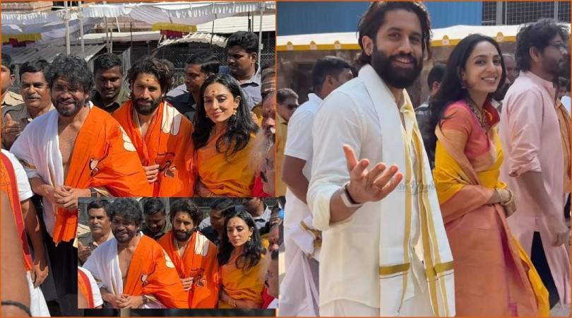 Newlyweds Sobita and Naga seek blessings at Srisailam Sri Bhramaramba Mallikarjuna Swamy varla devasthanam temple Newlyweds Sobita and Naga seek blessings at Srisailam Sri Bhramaramba Mallikarjuna Swamy varla devasthanam temple
