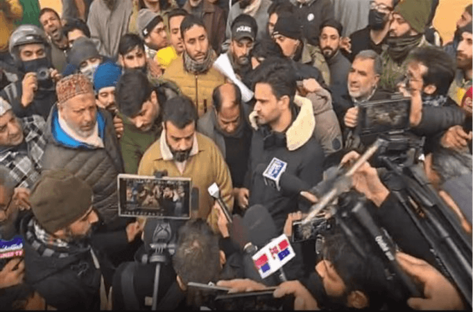 National Conference Lok Sabha member Aga Ruhullah Mehdi along with PDP MLA Wahid Para holding a protest outside residence of Chief Minister at Srinagar Anti reservation protest