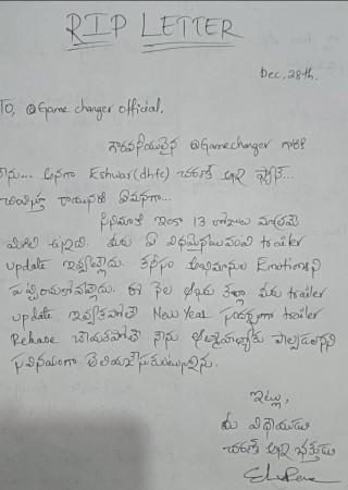 'RIP Letter': Ram Charan's fan threatens to die by suicide over delay in Game Changer trailer [Details]