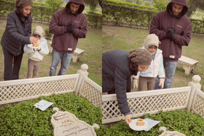 Soha, Kunal, Inaaya at Mansur Ali Khan's grave Soha, Kunal, Inaaya at Mansur Ali Khan's grave