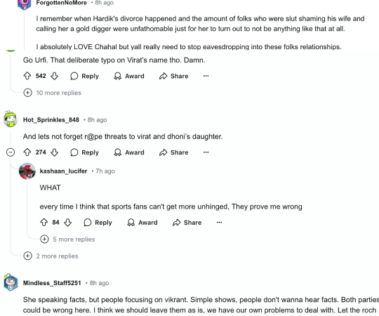 This is what the Reddit comment section defending Urfi looked like. Urfi-Chahal-Dhanashree