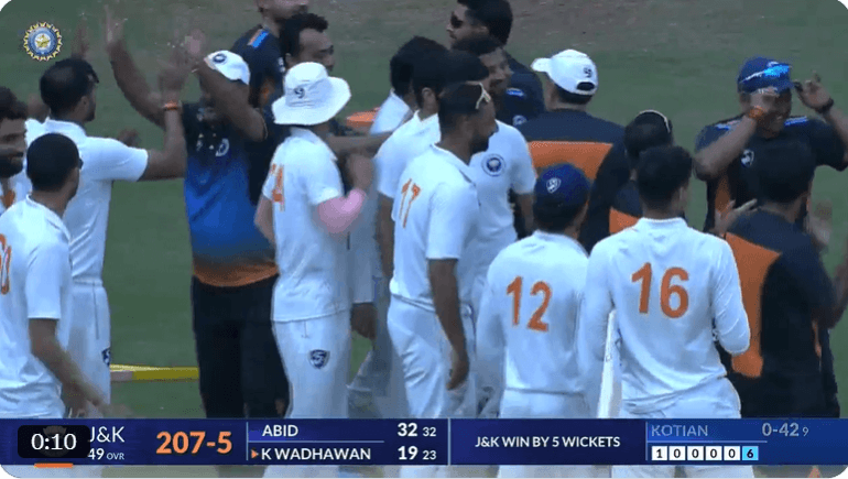 Players of J&K cricket team celebrating after defeating star-studded Mumbai team in Ranji Trophy match J&K players
