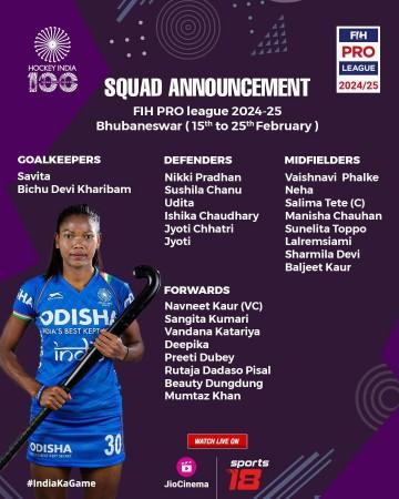 Hockey India has announced a 24-member women's team for the FIH Pro League 2024-25 Hockey India has announced a 24-member women's team for the FIH Pro League 2024-25