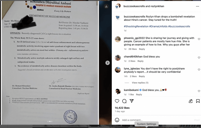 Rozlyn Khan shares Hina Khan's medical reports, accusing her of misusing cancer for publicity Rozlyn Khan shares Hina Khan's medical reports, accusing her of misusing cancer for publicity