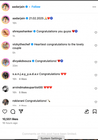 Aadar Jain shares wedding photos with Alekha Advani; limits Instagram comments amid ex-GF Tara Sutaria fans hateful remarks Aadar Jain shares wedding photos with Alekha Advani; limits Instagram comments amid ex-GF Tara Sutaria fans hateful remarks