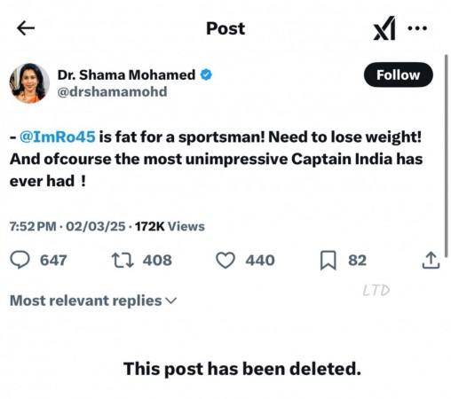 'Rohit Sharma is fat, needs to lose weight, unimpressive captain': Congress spokesperson sparks controversy, deletes post after backlash 'Rohit Sharma is fat, needs to lose weight, unimpressive captain': Congress spokesperson sparks controversy, deletes post after backlash