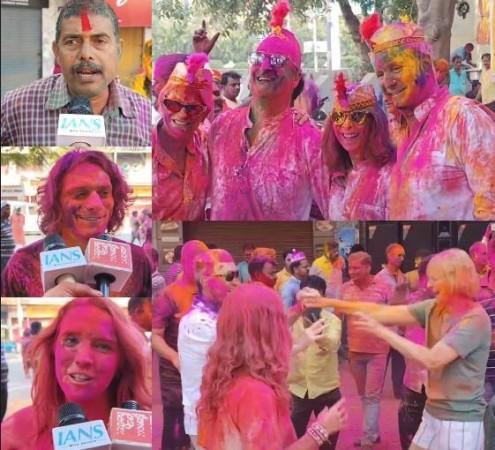 Foreign tourists join the Holi festivities in Varanasi Foreign tourists join the Holi festivities in Varanasi