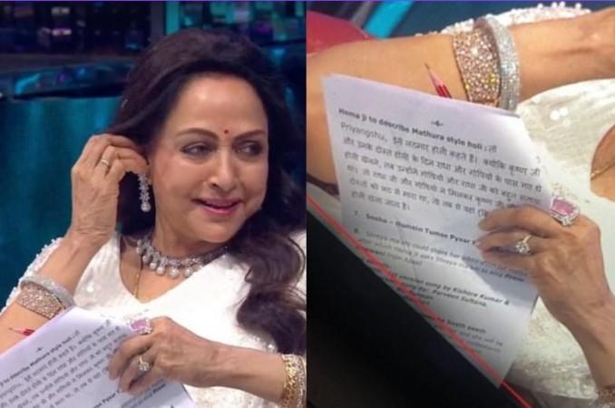 Hema Malini reading script on Indian Idol sets Hema Malini reading script on Indian Idol sets