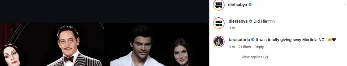 Tara Sutaria plays along with Diet Sabya's comment. Tara Sutaria-Veer Pahariya