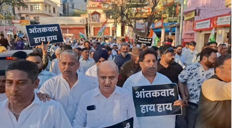 Congress workers holding protest against repeated terror attacks in Jammu province Congress leaders