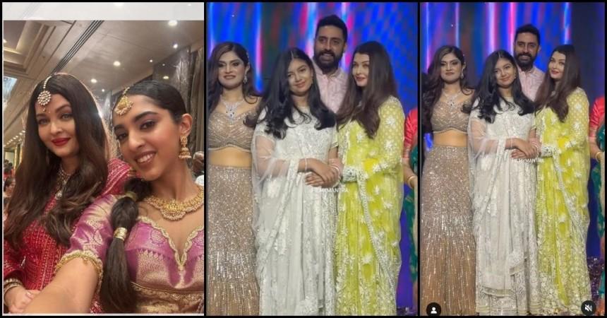 Aishwarya Rai holds daughter Aaradhya's hand, poses with Abhishek Bachchan at cousin's wedding [Reactions]
