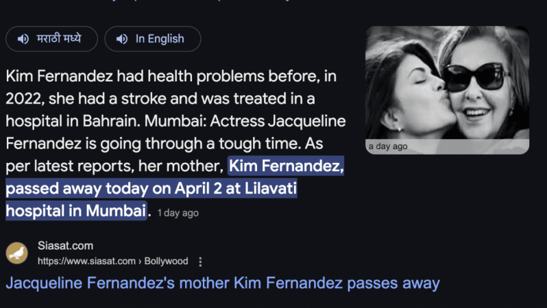 Fact Check: Has Jacqueline Fernandez's mother Kim passed away following massive heart stroke? Here's the truth Fact Check: Has Jacqueline Fernandez's mother Kim passed away following massive heart stroke? Here's the truth