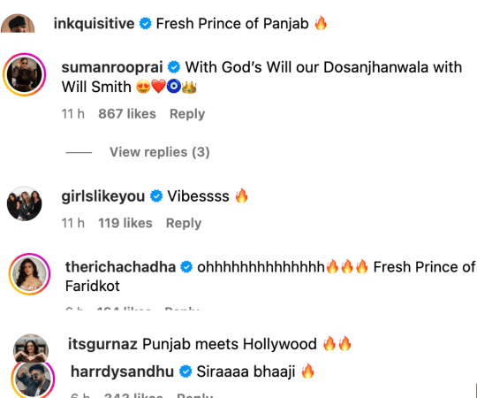 This is what the comment section of Diljit's Instagram reel looked like. Diljit Dosanjh-Will Smith